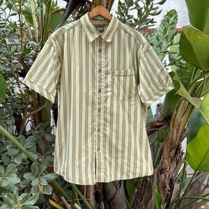 Kuhl Striped Button Up Shirt Mens Large Green Beige Outdoor Hiking